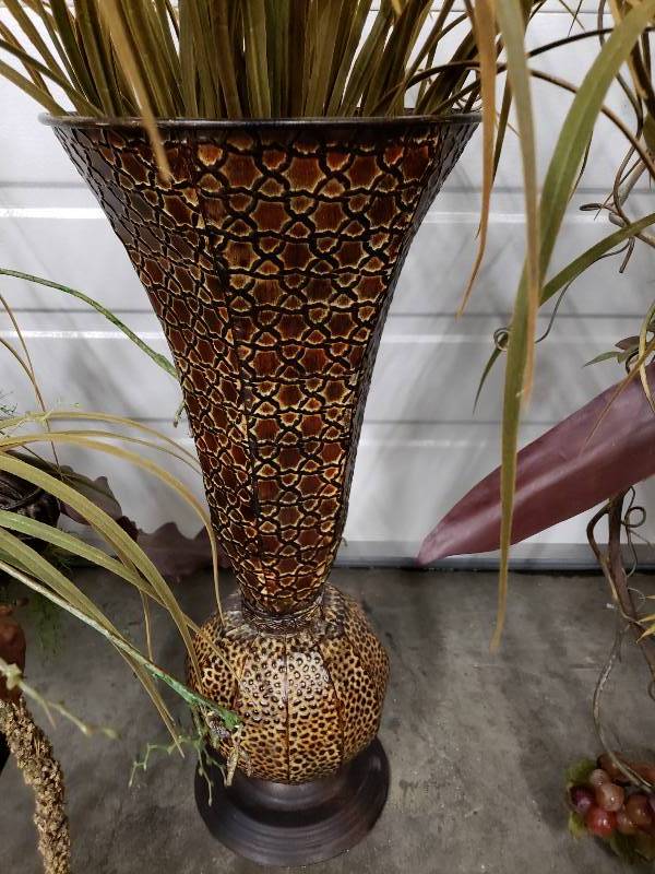 lot 57 image: Assortment of (3) Metal, Etc. Vases w Arrangements