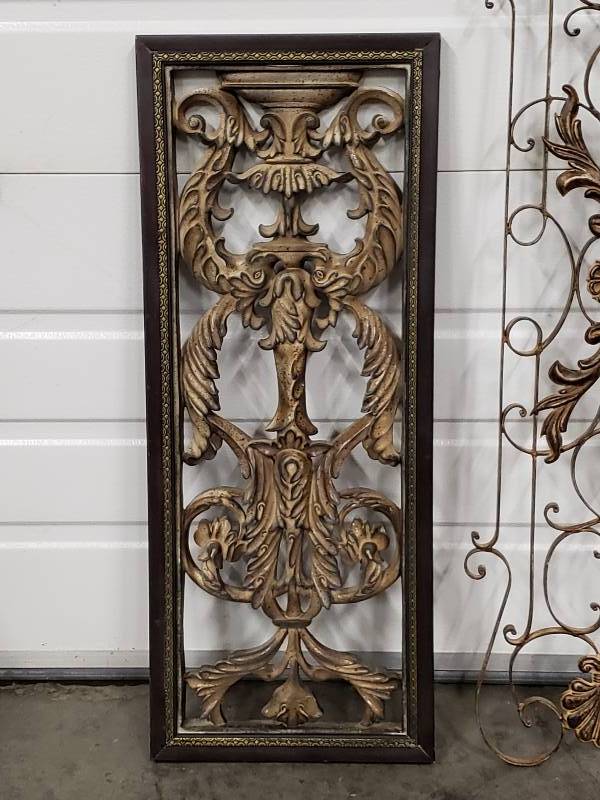 lot 108 image: Ornate Wood & Metal Vertical Wall Art Pieces