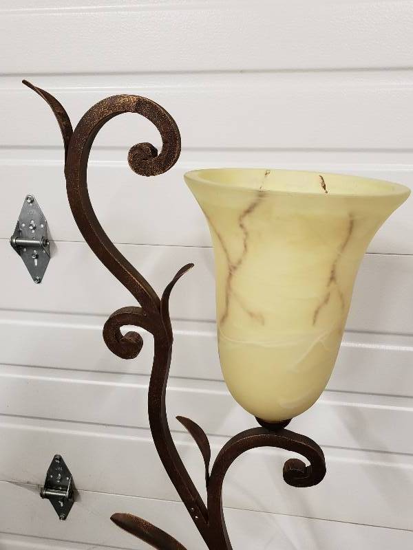 lot 111 image: Metal Sculpture Floor Lamp w Glass Marbled Shade