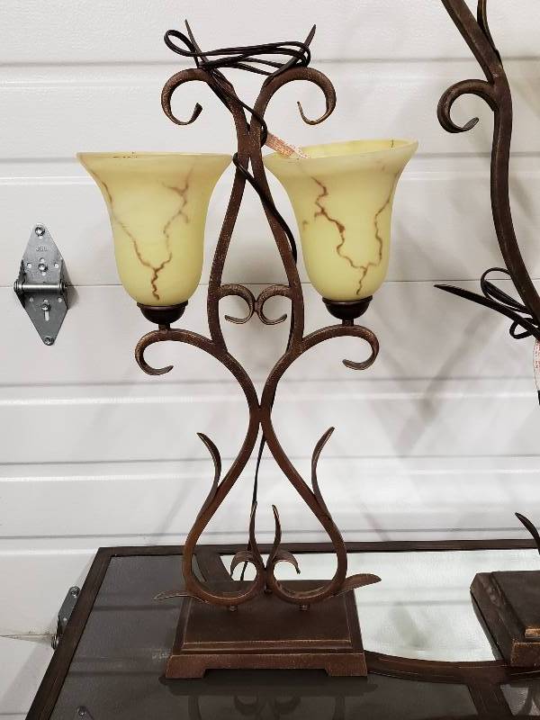 lot 115 image: (2) Metal Sculptured Lamps with Marbled Glass Shades
