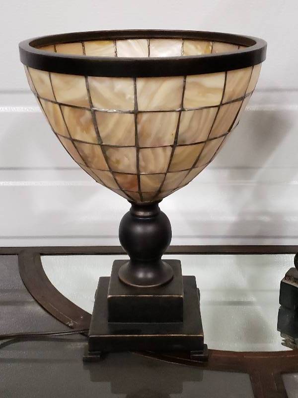 lot 129 image: (2) Torchiere Table Lamps, One Stained Glass