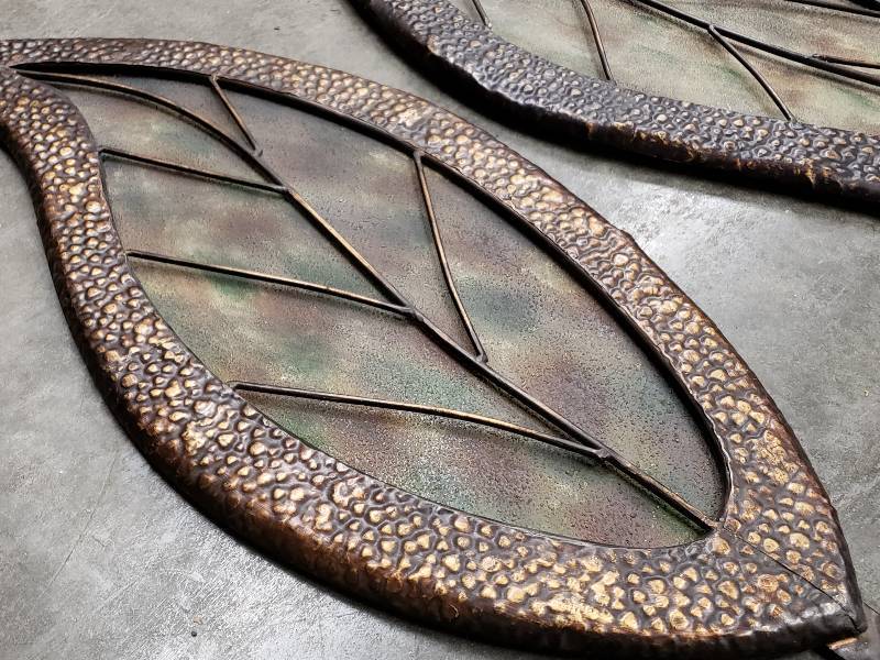 lot 139 image: (3) Large Metal Leaf Wall Accent Pieces with Speckled Glass Inserts
