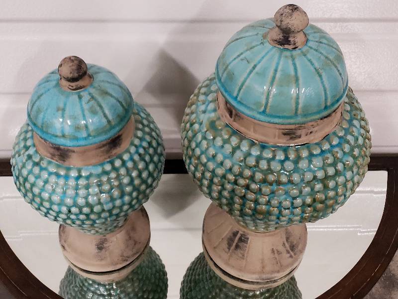 lot 143 image: (2) Turquoise Colored Lidded Vases