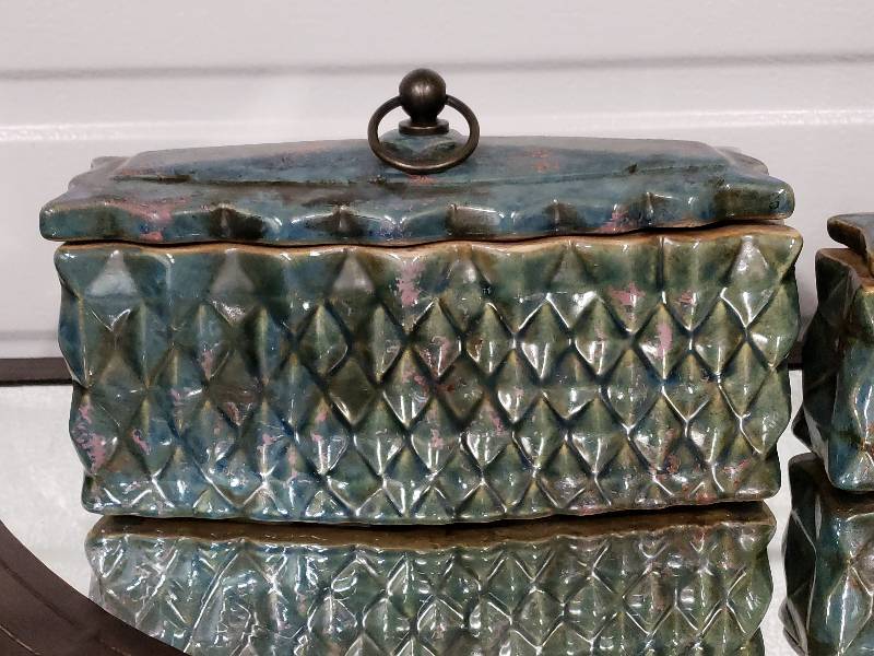 lot 149 image: (2) Uttermost Brand High Glazed Lidded Decor Containers