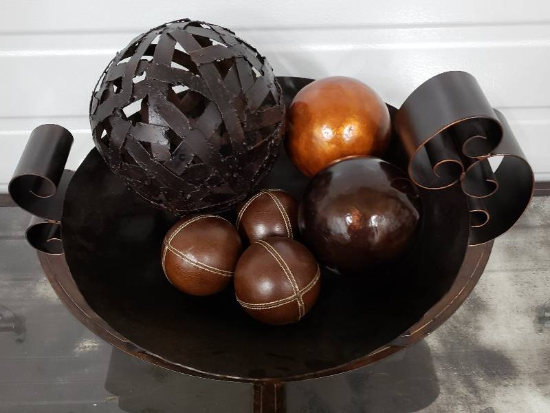 lot 160 image: Wrought Metal Bowl with Assorted Artistic Spheres