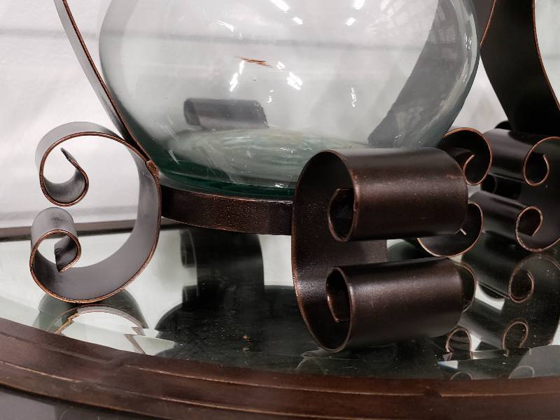 lot 164 image: (2) Lidded Glass Jars in Decorative Wrought Metal Bases