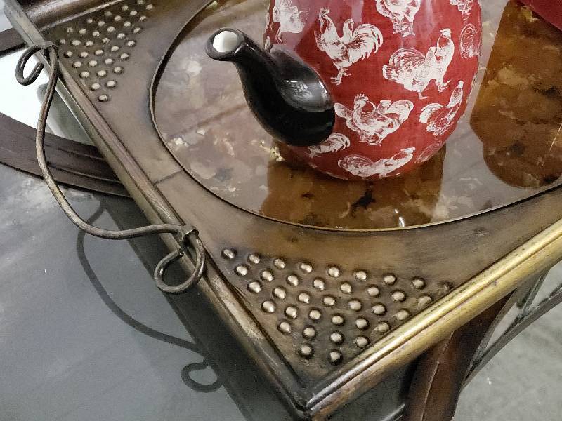 lot 166 image: Ornate Metal Tray with Glass Insert with Tea Pots, Decanter, etc.
