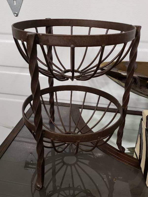 lot 168 image: (3) Zebra Latching Boxes, Ceramic Fruit or Decor Piece, and Metal Double Baskets
