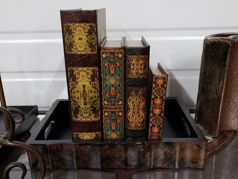 lot 169 image: Faux Storage Antique Styled Books, Ceramic Planter, Rustic Box, Metal Stand, etc.