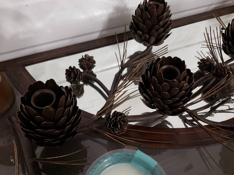 lot 174 image: Metal Pinecone Candle Holder, Woodwick Candles, etc.