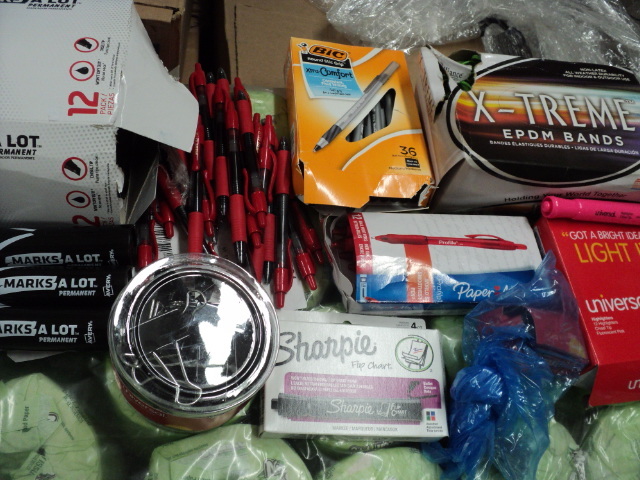 lot 78 image: pens, markers, rubber bands, and pa...