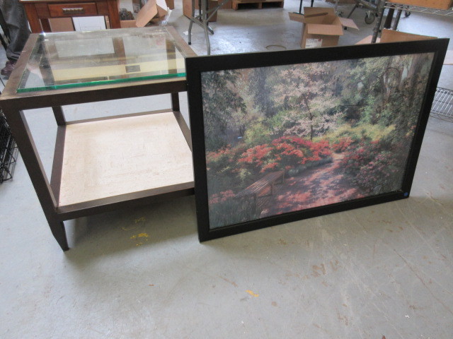 lot 936 image: END TABLE AND FRAMED ART
