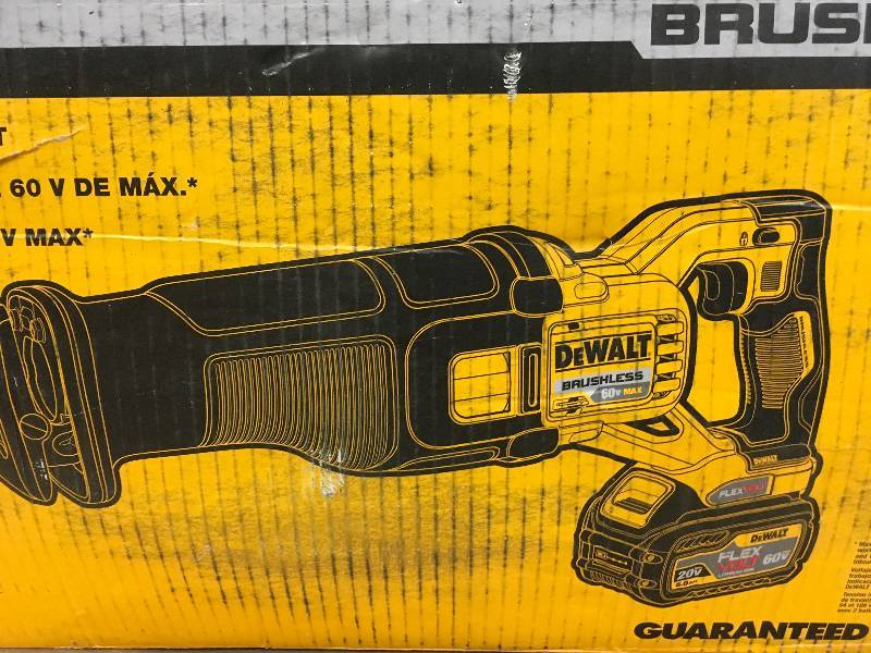 DEWALT FLEXVOLT 60-Volt MAX Lithium-Ion Cordless Brushless Reciprocating Saw with (1) Battery 2Ah, Charger and Contractor Bag Model#  DCS388T1  not used