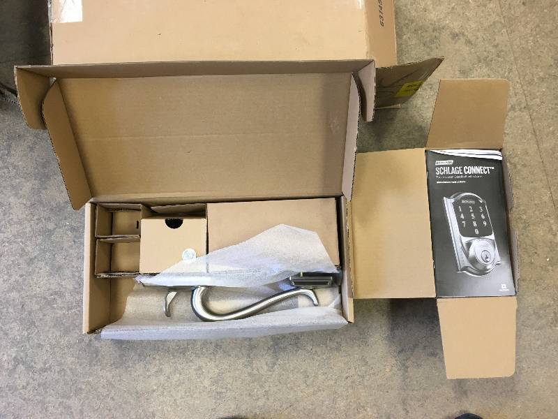 Schlage Camelot Satin Nickel Connect Smart Lock with Alarm and Left Handed Accent Lever Handleset  not used