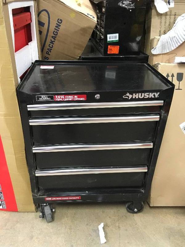 Husky 27 in. W 4-Drawer Tool Cabinet in Black whit damage and misisng key