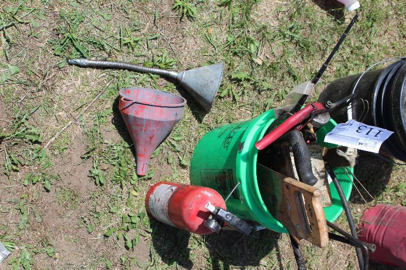 lot 113 image: Funnels, Hand Saws, Fire Extinguisher, And More