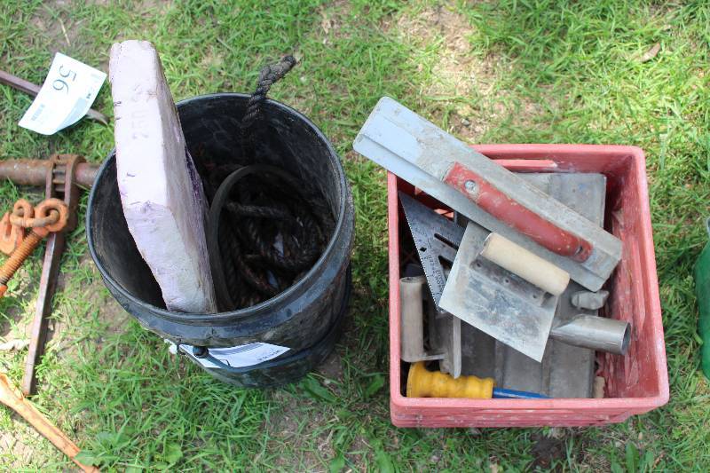 lot 57 image: Lot of (2) Buckets of Contractor Tools - Square, Trowels, And More
