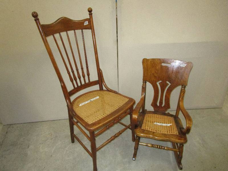 lot 90 image: Kids Antique Rocking Chair and Cchair both with Cane Seats