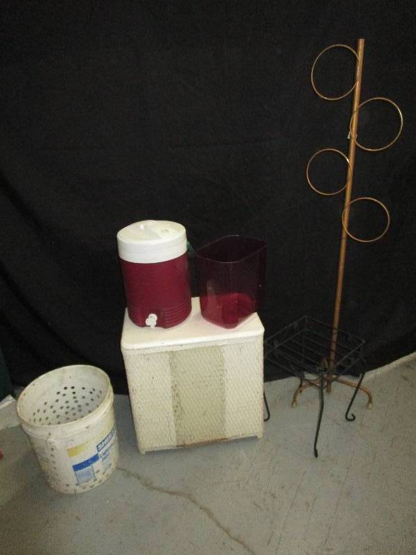 lot 118 image: Hamper, Plant Stand, Bucket with holes, Towel rack