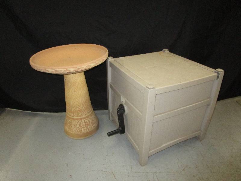 lot 126 image: Clay Bird bath, hose reel holder