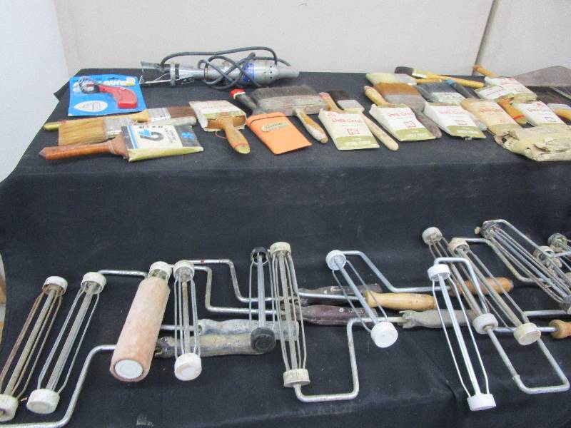 lot 8 image: Painting Supplies, Brushes, Big and Little Rollers Spray Grip Gun, Scrapers