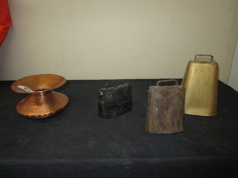 lot 28 image: 3 Cow Bells and a Copper Spitoon