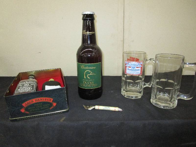 lot 33 image: Jack Daniels Whiskey and Flask, Budweiser Ducks Unlimited, Jim and Ferns Bottle Opener, Budweiser Mug, Glass mug