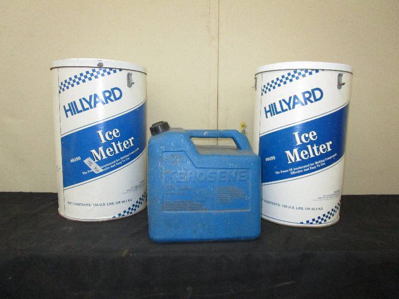 lot 35 image: Chilton Kerosene 5.25 Gal.,2  Hillyard Ice Melter Bins