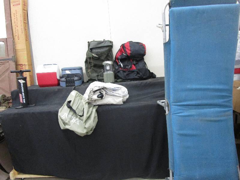 lot 43 image: Cooler, Lantern, Dual Action Quick Pump no hose, Camping Backpacks, Fold up Cot, Air Mattress