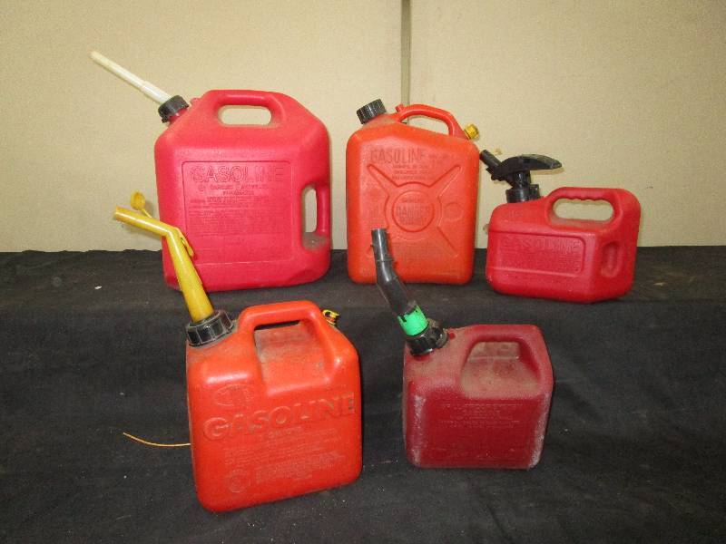 lot 53 image: Gas Cans, 5 gal, 2.5 Gal, 2 Gal, 1 Gal (x2)