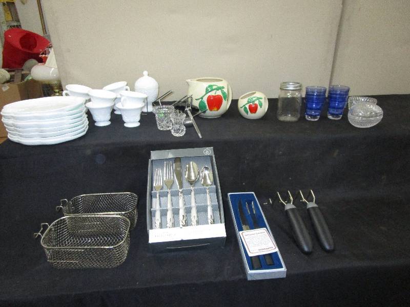 lot 58 image: Misc Dishes, Silverware in Box, Frying Baskets