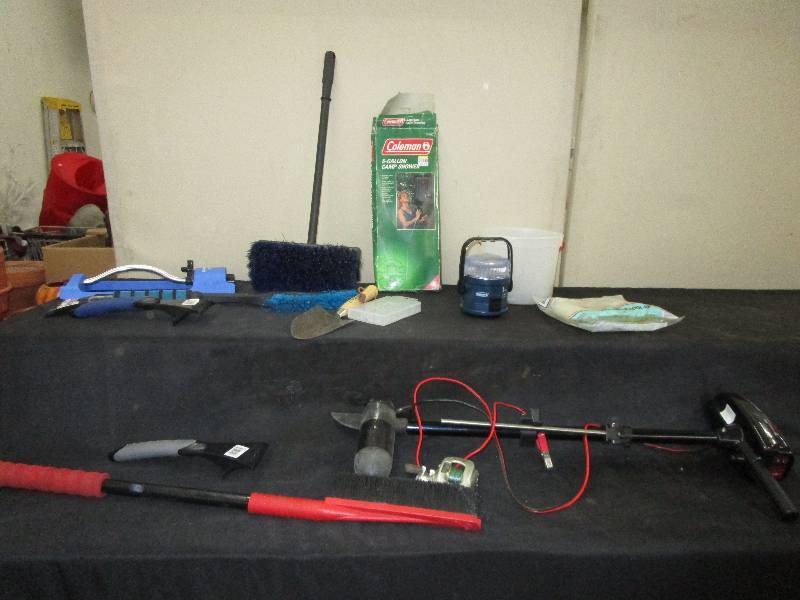 lot 60 image: 5 Gallom Camp Shower, Shovel, Trolling Motor, Car Ice-Scraper, Lantern
