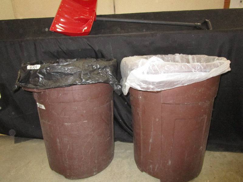 lot 62 image: Snow Shovel, Two Garbage Cans