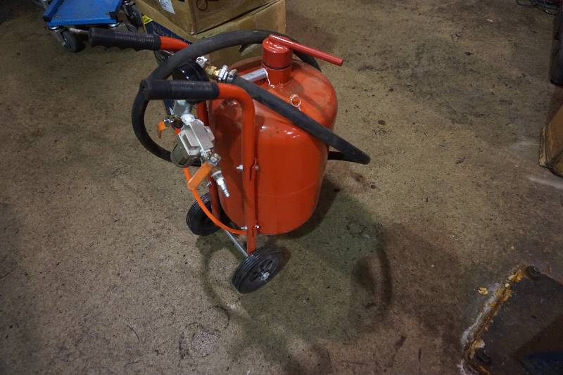 lot 22 image: Walnut Shell Sand Blasting CanisterTank With 4 Cases of Walnut Shell Fine 24 Grit Media