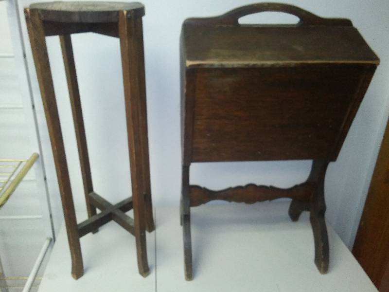 lot 236 image: Vintage Plant Stand and Covered Magazinesewing stand