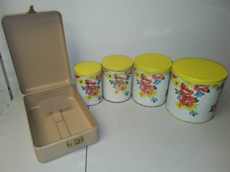 lot 243 image: Vintage Canister Set of four and metal latching box