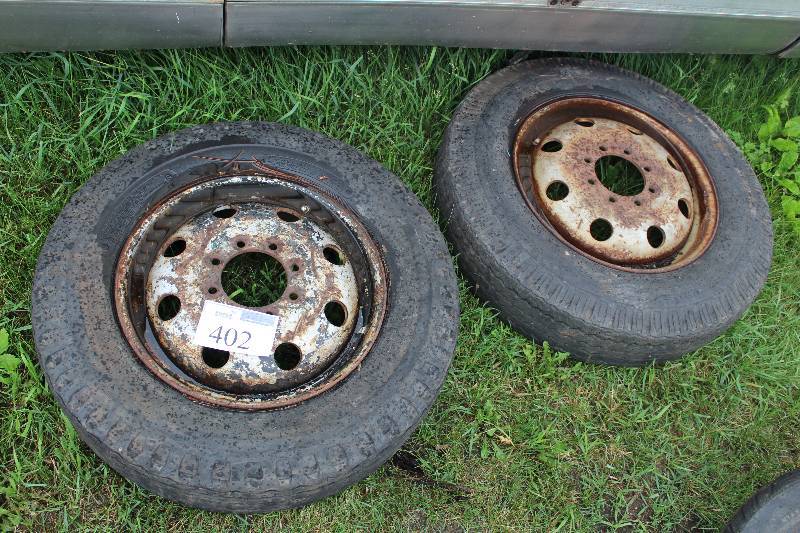 lot 402 image: Lot of (2) 8-Bolt Wheels w Super Road Service Power King, Premium Super Highway 8-19.5 Tubless Tires