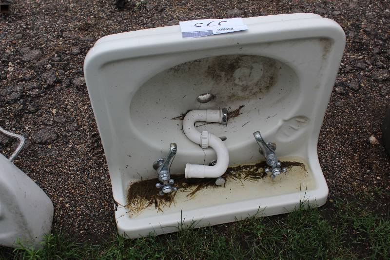 lot 395 image: Wall-Mount Porcelain Sink w Fixtures