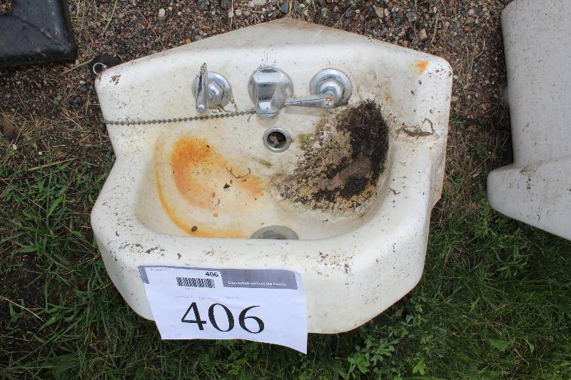 lot 406 image: Wall-Mount Corner Cast Iron Sink w Fixtures