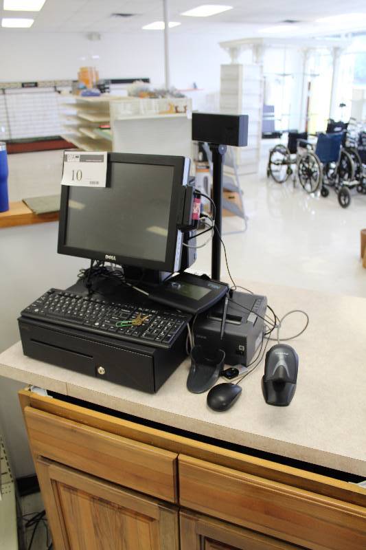 lot 10 image: Point of Sale System w Dell Monitor, Keyboard, Epson Cash Receipt, APG Cash Drawer w Keys, Datalogic Gryphon Scanner, Topaz Systems Credit Card Scanner, Dell Optiplex 780m Computer