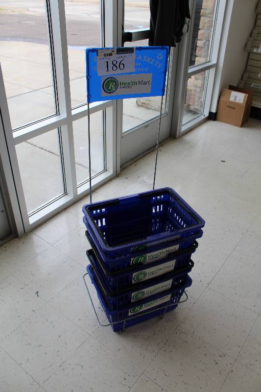 lot 186 image: Shopping Basket Display Rack w 5-Shopping Baskets
