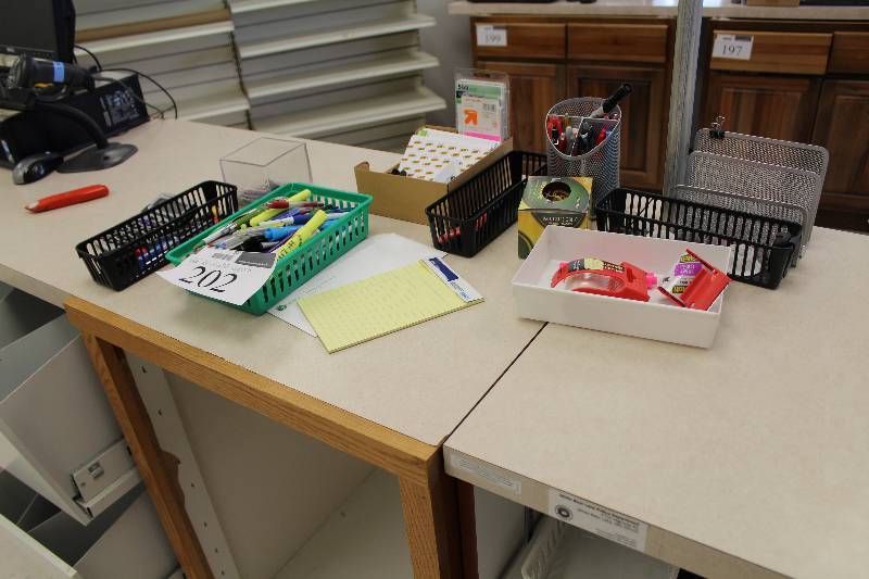 lot 202 image: Office Supplies - Plastic Trays, Pens, Markers, Letter Holders, Pen Holders, Tape, Scissors, Calculator, And More