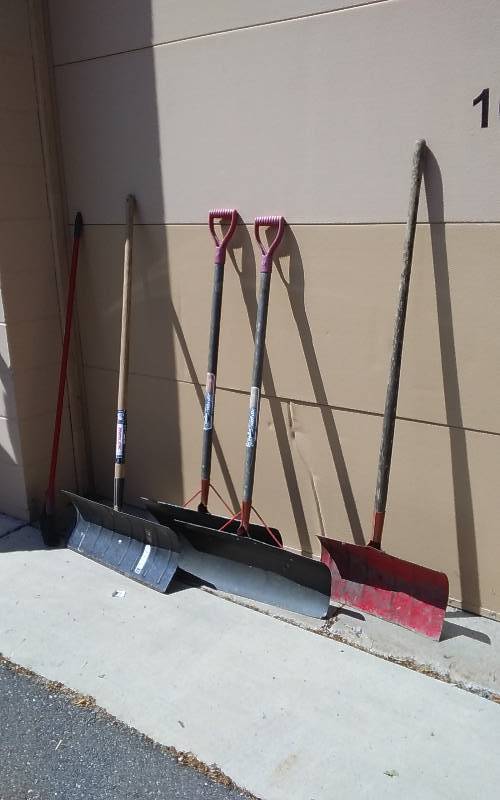 lot 26 image: 4-Metal Snow Shovels, 1-Broom