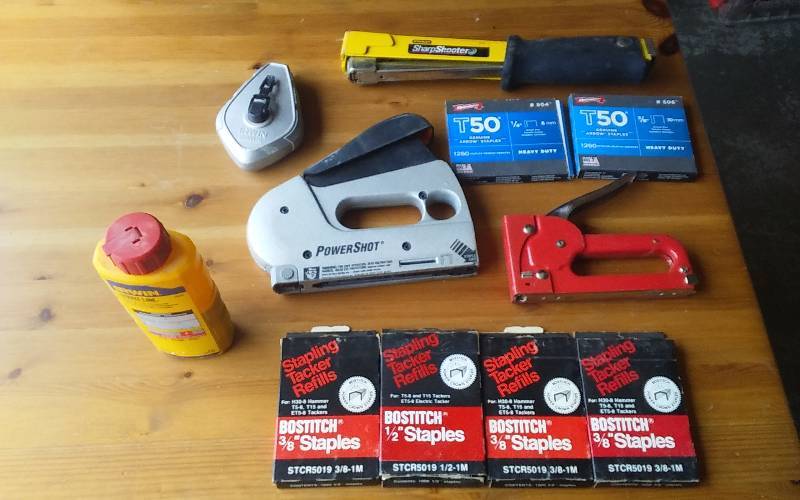 lot 55 image: Staplers, Tack Hammer, Staples, Snap Line Chalk