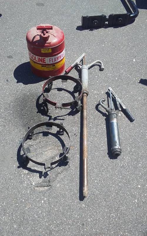 lot 13 image: Gas Can, 2-5 Gallon Bucket Carts, 2-Barrel Pumps