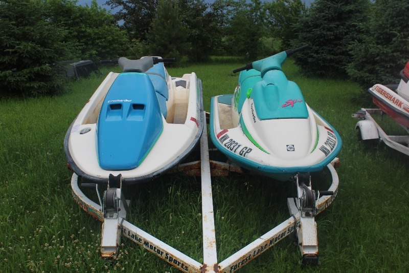 lot 2582 image: Pair of Sea Doo Bombardier Jet Skis w Trailer