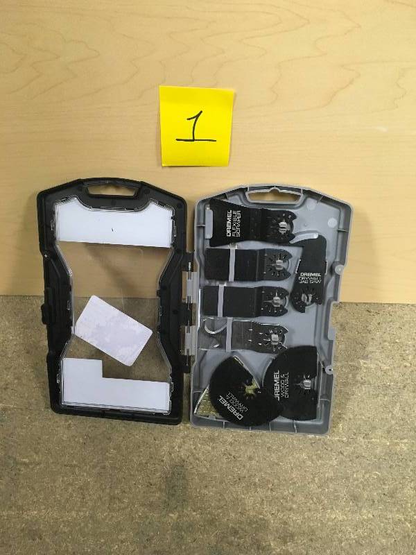 lot 1 image: DRMEL Multi-Max Universal Oscillating Tool Accessory Set for Wood, Metal, and Drywall (13 Accessories)