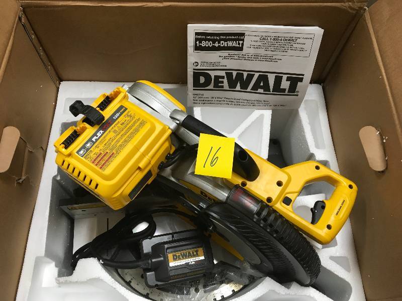 lot 16 image: DEWALT FLEXVOLT 120-Volt MAX Lithium-Ion Cordless Brushless 12 in. Miter Saw w AC Adapter (Tool-Only) not used