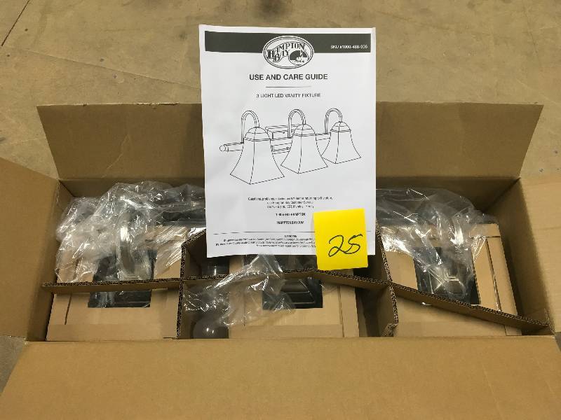 lot 25 image: Hampton Bay 120-Watt Equivalent 3-Light Brushed Nickel Integrated LED Vanity Light not used