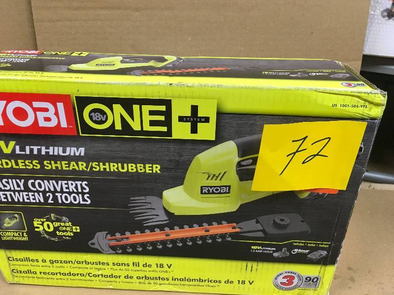 lot 72 image: RYOBI ONE 18-Volt Lithium-Ion Cordless Grass Shear and Shrubber Trimmer - Battery and Charger Not Included New